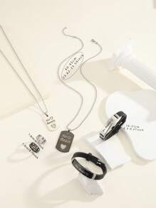 ATLVXJL 6 Stücke/Set nachleuchtende Herzen, "Ich liebe dich", "Ihre Schönheit und sein Biest" Buchstaben Edelstahl Paar Halskette Armband Ringe Set, Liebe Schmuckset für Valentinstag, Alltag