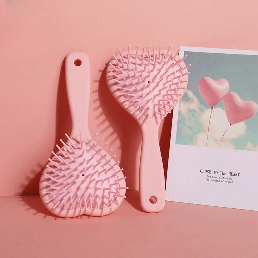 两用心形手持按摩气垫梳，卡通可爱设计，适合作为儿童返校礼物，适合所有发质，气垫刷，送给家人和朋友的礼物，发刷、梳子、美发工具、理发沙龙美发产品和配件，美容旅行必需品 - 粉色 - 查看 1