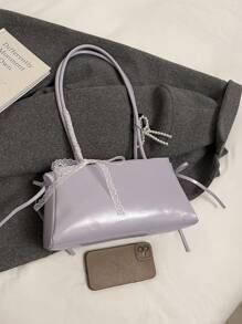 1pc Women Solid Color PU Shoulder Tote Bag, Large Capacity Y2K Bow Handbag - Multicolor - View 9