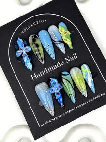 10 piezas de puntas de uñas afiladas y con relieve 3D en degradado de color azul 'dopamina', de estilo Y2K, adecuadas para uñas postizas de damas y niñas