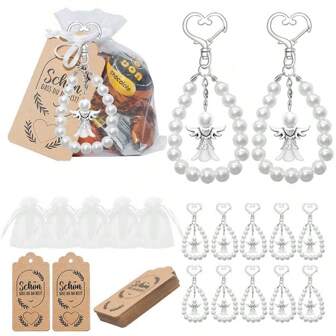 20/30 piezas Cadena de perlas blancas con llavero, regalo de boda para la novia, regalo de compromiso y aniversario, que incluye llavero, etiqueta, bolsa de organza, recuerdo de boda, decoración para fiesta de boda