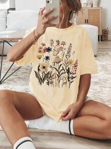 宽松休闲复古花卉花园爱好者图案 T 恤，适合夏季海滩装，女士纯色圆领短袖简约衬衫，日常休闲