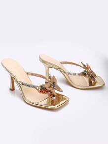 Damen Luxus Mode bunte Strass Perlen Schmetterling Riemen Durchsichtig Asymmetrisch Peep Zehen Sandaletten mit hohem Absatz, elegant sexy