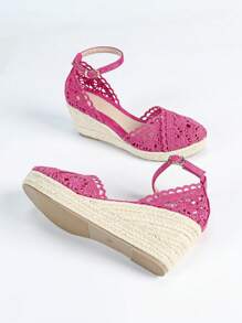 Sandalias de cuña con encaje para mujer, sandalias casuales de plataforma con puntera redonda, transpirables, trenzadas, de tacón alto, versátiles - Rosa Fucsia - Ver 6