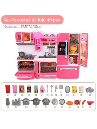 Juego de cocina, mini cocina, refri, horno y utensilios de cocina de juguete para niñas y niños, con luces y sonido