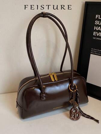 1개 FEISTURE 인조 가죽 PU 볼링백, 걸 패션 어깨/손목 가방 (스토어를 팔로우하여 엮인 장식품 받기), 지퍼 클로저, 걸, 걸, 학생, 신입사원, 직장인에게 적합, 업무, 비즈니스, 통근, 학교에 최적