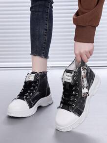 1 Pair Women's Korean Canvas High-Top Sneakers, Comfortable Breathable Casual Lace-Up Side Zipper Classic Running Shoes