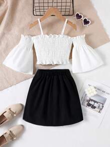 Ensemble robe ado fille élégante : blouse à manches évasées découvrant les épaules + jupe évasée, 2 pièces Tenue d'été décontractée, cadeau, convient aux activités de loisirs en extérieur