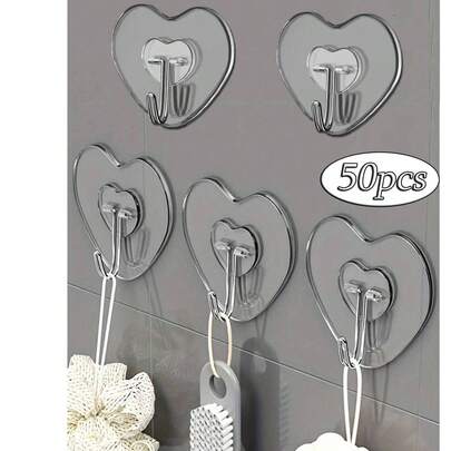 50 piezas Ganchos adhesivos fuertes y transparentes para pared - Estilo casual, fácil de instalar, sin necesidad de perforar, ganchos en forma de corazón de plástico para cocina y baño, organizador de almacenamiento montado en la pared, organizador de baño, decoración de baño, decoración de otoño, de vuelta a la escuela