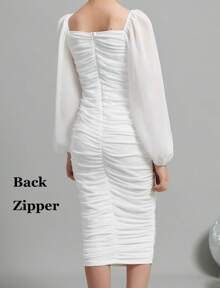 EXARUS Girls Ruched Bodycon Square Neck Dress Teens Chiffon Lantern Sleeve Homecoming Dance Midi Long Dresses - 白色 - 查看 2