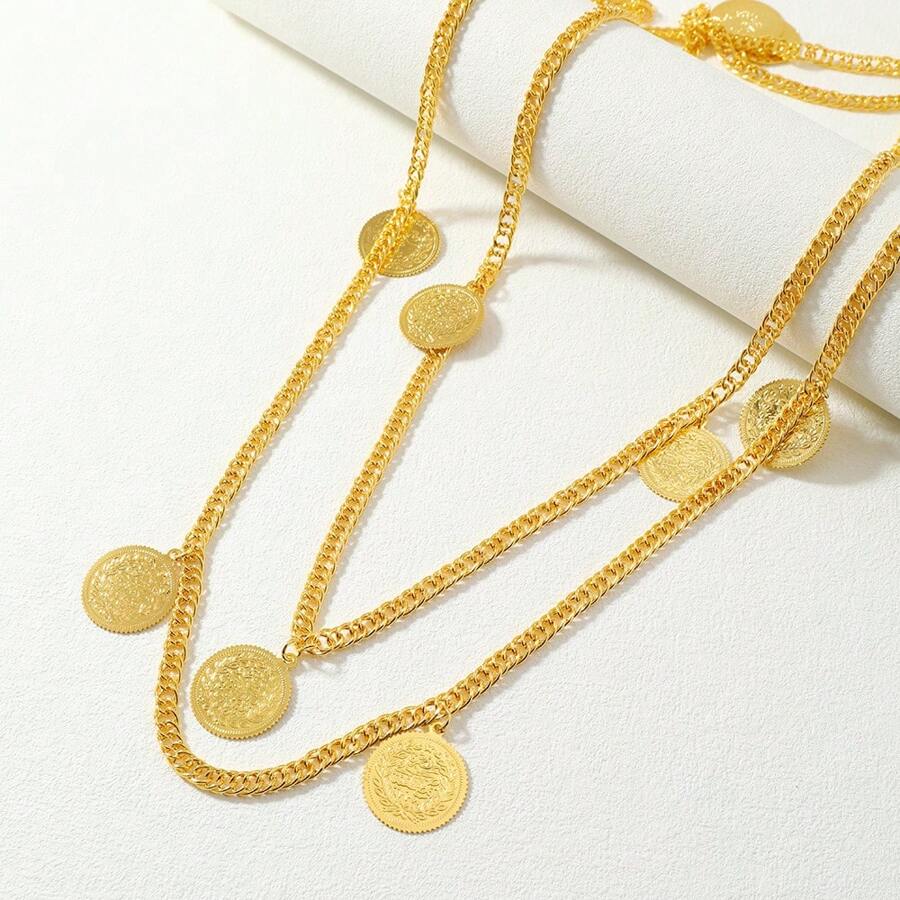2-Tone Vintage Layered Coin Necklace, Long Fashion Statement Necklace, Suitable For European And Style - Gold - View 1