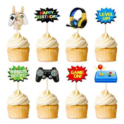 Game Console, Headphone, Controller, Building Blocks, Cupcake Toppers Decorations, Game Upgrade Cupcake Decorations, Video Game Theme Birthday Party Cake Decorations