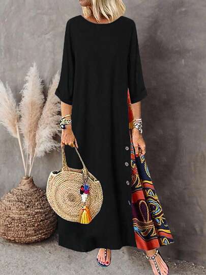 Rochie midi, cu mâneci 3/4, cu mâneci 3/4, de primăvară/vară, moale cu buzunar, rochie pentru femei