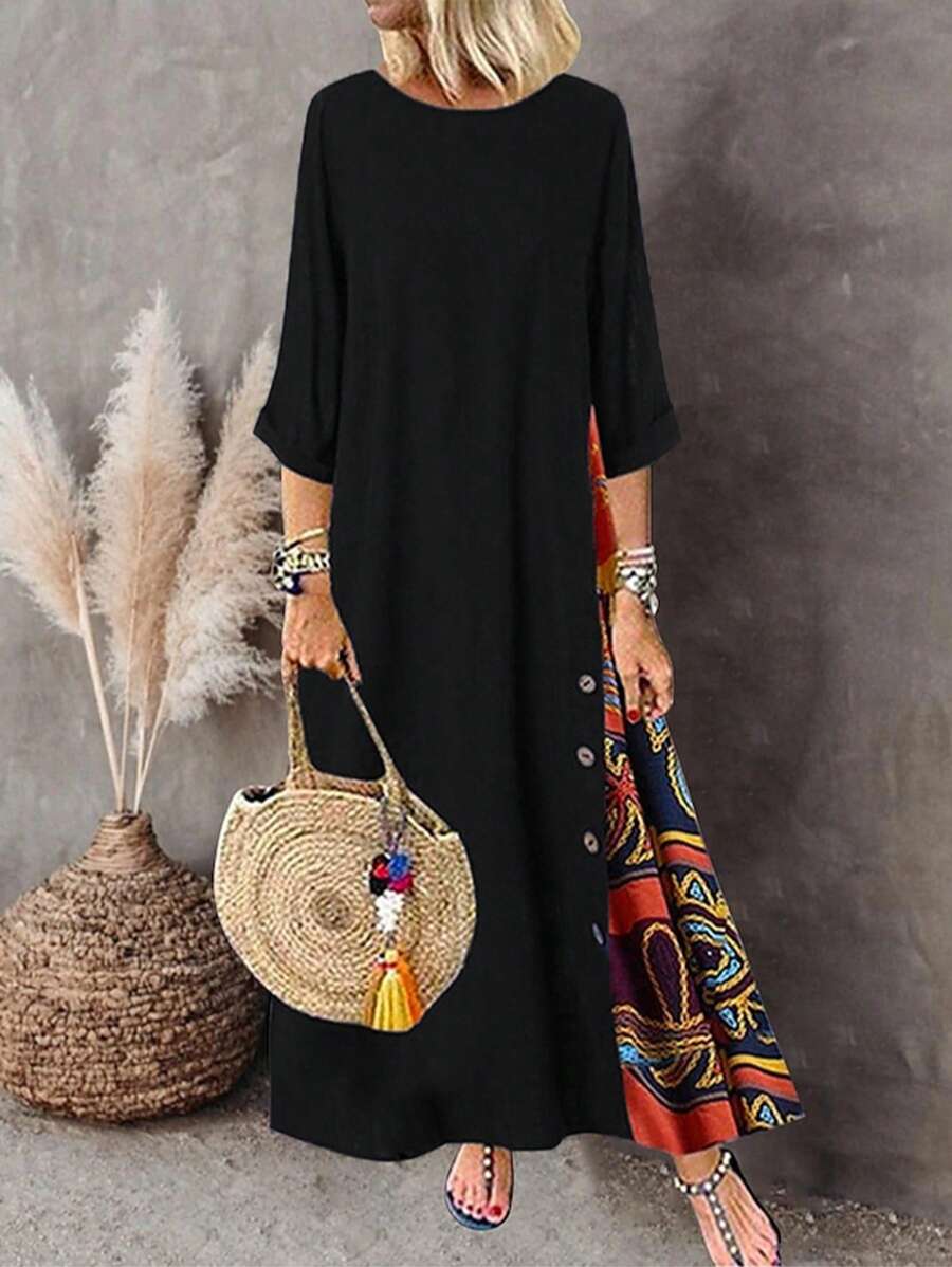 春夏新款休闲七分袖加大码中长连衣裙，带口袋的花卉拼布，女式连衣裙