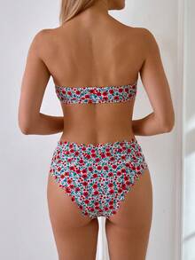 Summer Beach Sweet Floral Print Shell Edge Bikini Set With Front Drawstring, Perfect For Beach Parties - Multicolor - View 2