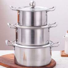 3 Piezas Batería de Cocina de Acero Inoxidable de , Batería de Cocina de Acero Inoxidable de Doble Asa, Batería de Cocina con Tapa, Placa de Inducción, Utensilios de Cocina, Olla de acero inoxidable ﻿ - Plateado - Ver 1