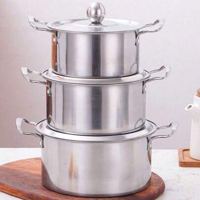 3 Piezas Batería de Cocina de Acero Inoxidable de , Batería de Cocina de Acero Inoxidable de Doble Asa, Batería de Cocina con Tapa, Placa de Inducción, Utensilios de Cocina, Olla de acero inoxidable ﻿