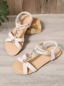 Women's Flat Sandals, Beige, Bohemian Fashion Sandals, Metal Buckle, Versatile, Elegant, Beaded, Summer Sandals - Beige - View 6