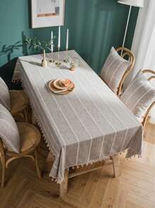 1pc Rustic Style Beige Multi-Line Tablecloth, Rectangular Coffee Table, TV Cabinet, Decorative Dining Table Cover For Kitchen, Family Gathering, Outdoor Picnic - Multicolor - View 2