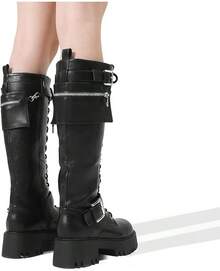 Women's Combat Riding Platform Knee High Boots, Lace Up Fall Lug Sole Gothic Motorcycle Boots With Inside Zipper, 2025 Style - 黑色 - 查看 9