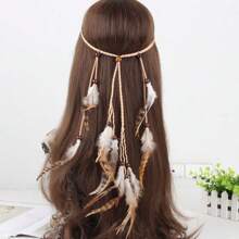 1 pieza Nuevo accesorio para el cabello mujer estilo bohemio con diadema de plumas y borlas, retro, personalizado, hecho a mano con cuentas y plumas naturales, para vestido de fiesta