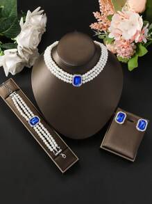 4pcs Gorgeous & Fashionable Diamond Inlaid Multi-Layer Faux Pearl Beaded Necklace Set With Faux Pearl Bracelet & Gemstone Earrings, Ladies' Elegant & Charming Wedding Jewelry Suite, Holiday Gift