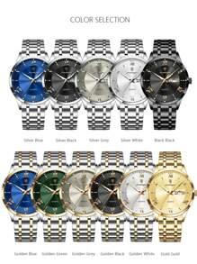 1 pieza Reloj de pulsera de cuarzo de acero inoxidable dorado con estilo de negocios para hombres, con calendario de semana y doble pantalla, resistente al agua 30M, función de manecillas luminosas, reloj casual para hombres con estuche, juego de regalo para hombres
