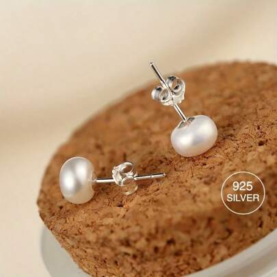 1 Pair 6-7mm Small S925 Silver Natural Freshwater Pearl Stud Earrings - Simple Elegance Flat Round - Versatile Daily Banquet Dress Stud Earrings