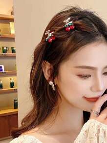 2 piezas Diseño de cereza roja de cristal, clips para el cabello mini lindos, pinzas para el cabello de aleación de zinc pequeñas, accesorios elegantes para el cabello, clips para el flequillo, regalos para fiestas y el Día de San Valentín