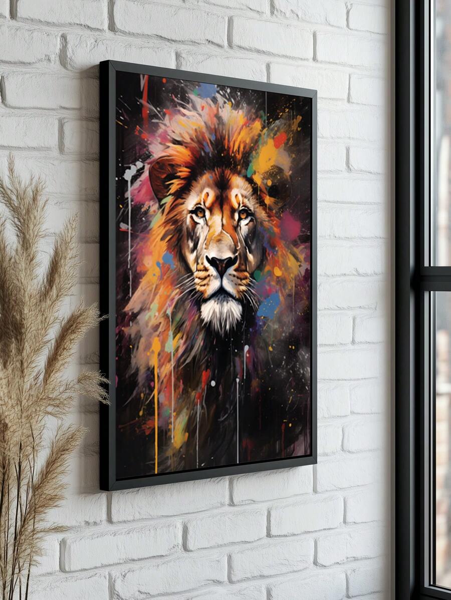 Decorative Paintings Lion Face Colorful – Ideal Frame For Living Room, Office, Entrance Hall, - 黑色 - 查看 1