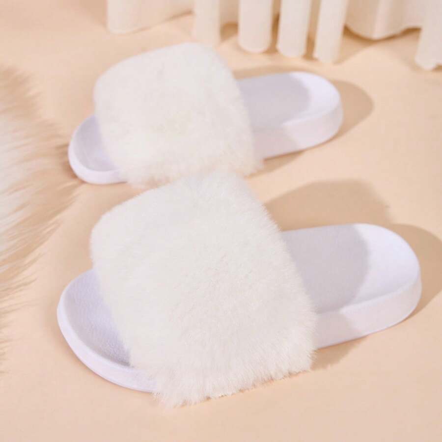 European Style Fluffy Slip-On Slippers For Women, Indoor & Outdoor Wear, Fashionable Faux Fur Flat Versatile Soft Sole All Season Shoes - White - View 1