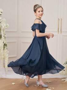Tween Girls' Off-Shoulder Spaghetti Strap Long Party Gown, Ruffled Hem Birthday Wedding Formal Dress, Princess Evening Dress - Royal Blue - View 6