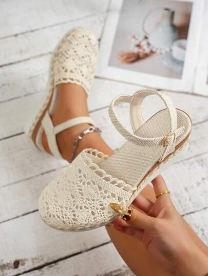 Summer New Linen Wedge Sandals For Women, Platform Thick Bottom Hollow Woven Roman Sandals With Adjustable Strap And Buckle