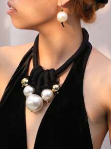 3pcs Set: Exaggerated Chunky Braided Faux Pearl Pendant Necklace And Earrings, Retro-Chic Layered Delicate Luxe Accessory Set, Suitable For Daily Wear And Occasions, Great Gift For Mom - Black - View 9