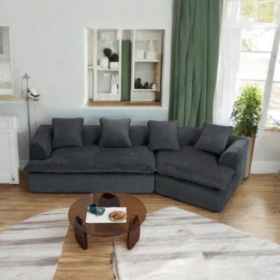 Modular Cushions Sofa With Movable Ottoman, Ideal For House & Apartment Living Rooms. Minimalist Style, Anti-Wrinkle Fabric, Corner Low Back Deep Seat Spacious Sectional. 2 PC Free Combination For Versatile Home Decoration And Comfortable Lounging - Black + Boucle + 3 Seat - View 1