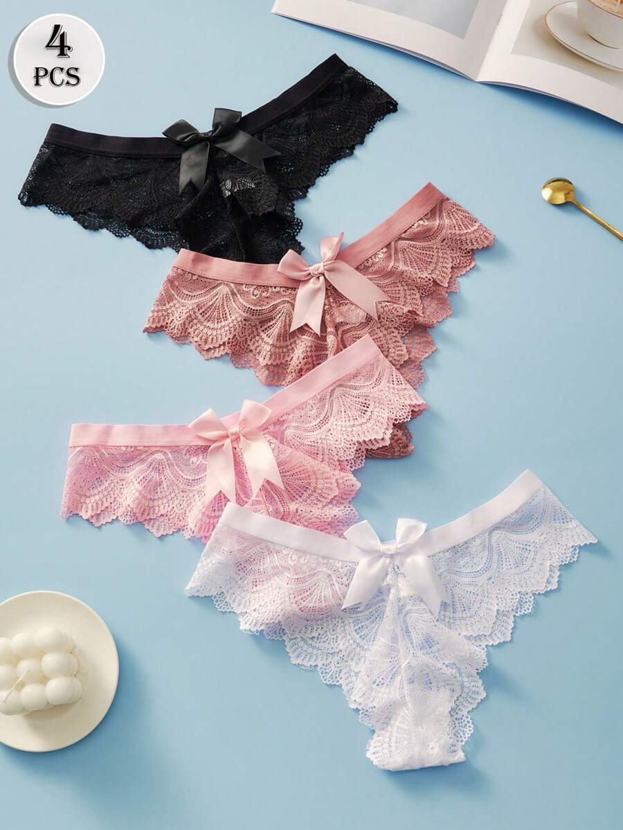 4PCS Sexy Lace Thongs Bow Women's Underwear Transparent Elastic G-String Solid Color Casual Panties For Women Soft And Light T-Back Black Pink White Lingerie Low Waist Tangas Fashionable Briefs - Multicolor - View 1