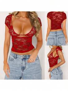 Conjunto de top de encaje vintage para mujer, camiseta de corte bajo y corte ajustado con mangas cortas + bralette sin mangas, ropa de verano - Rojo - Ver 2