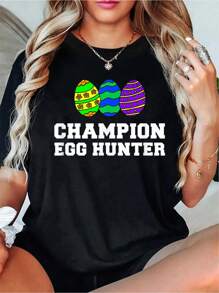 Egg Hunter Easter Egg Hunt Funny Cartoon T-ShirtWomen's Casual Short Sleeve Crew Neck T-Shirt For Spring & Summer