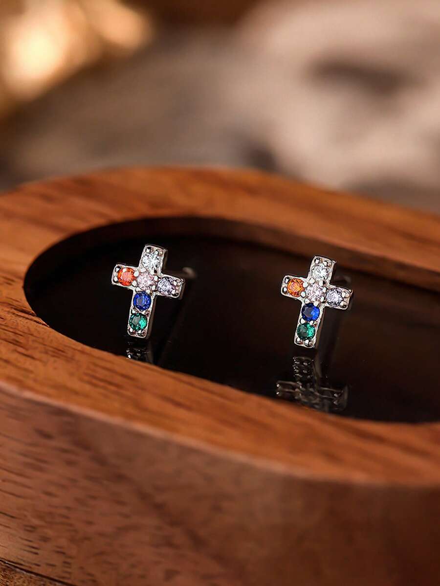 1 对女士十字形锆石耳钉，S925 银，简约风格，百搭时尚，适合学生 - 十字形 - 查看 1