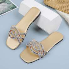 1 Pair Teens' Gold Color Crystal & Rhinestone Decorated Strap Slides, Soft Non-Slip Sole