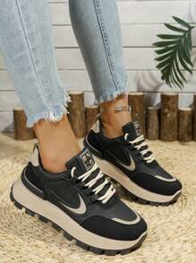 Women's Black Chunky Running Shoes, Comfortable Lace-Up Casual Sneakers For Students, Versatile Fashion Platform Non-Slip Sport Shoes For Outdoor/Running - Black - View 7