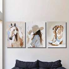 3 件/套，帆布挂画，带框装饰画，海报，墙壁艺术，西方艺术，马和女牛仔，牛仔靴，牛仔水彩画，西方油画风格，适用于家庭墙壁装饰 - 彩色 - 查看 8