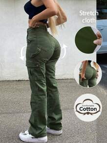 NVFelix 女士侧翻盖口袋工装裤，多口袋设计，休闲户外风格，绿色，适合感恩节和新年穿着 - 軍綠色 - 查看 4