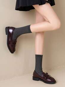 Women's Solid Color Bow & Tassel Bow Slip-On Loafers, Breathable Flat Shoes - Burgundy - View 7