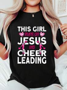 Cheer Girl This Girl Runs On Jesus And Cheerleading T-Shirt Print Round Neck Cotton T-Shirt, Summer Women's Tops, Gift - màu đen - Xem 1