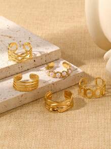 5pcs Set Stainless Steel 18K Gold Plated Geometric Open Ring With Faux Pearl, Exquisite Design, Suitable For Women's Daily Outfit, Holiday, Party, Engagement, Wedding Gift