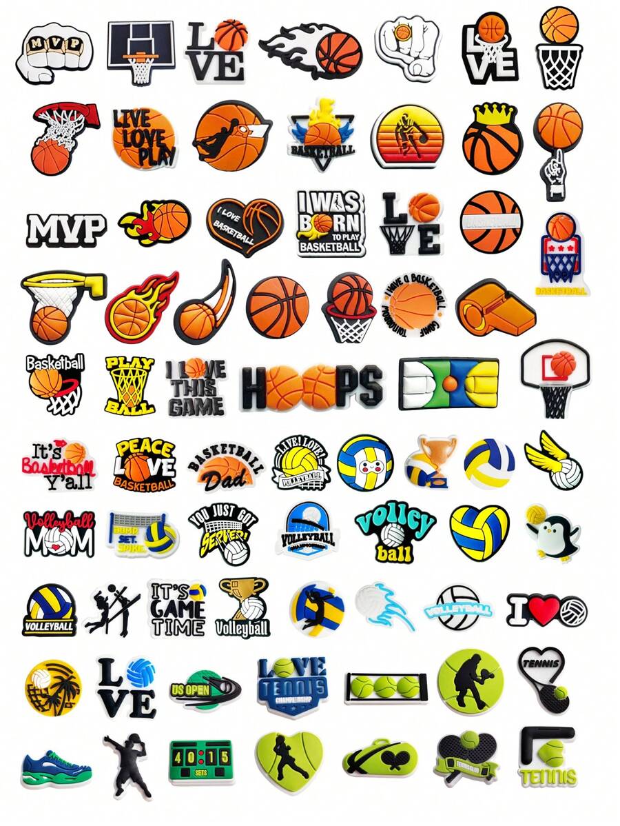 GrinLab 30pcs Assorted Ball Game Designed Shoe Charms, PVC Bubble Slippers & Sandals Decor, Wooden Clogs Ornaments, DIY Shoe Accessories, Birthday Gift, Party Favors (Random Style & Pattern)