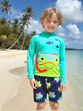 2pcs/Set Young Boy Cute Frog Print Long Sleeve Swimsuit And Swim Trunks, Summer