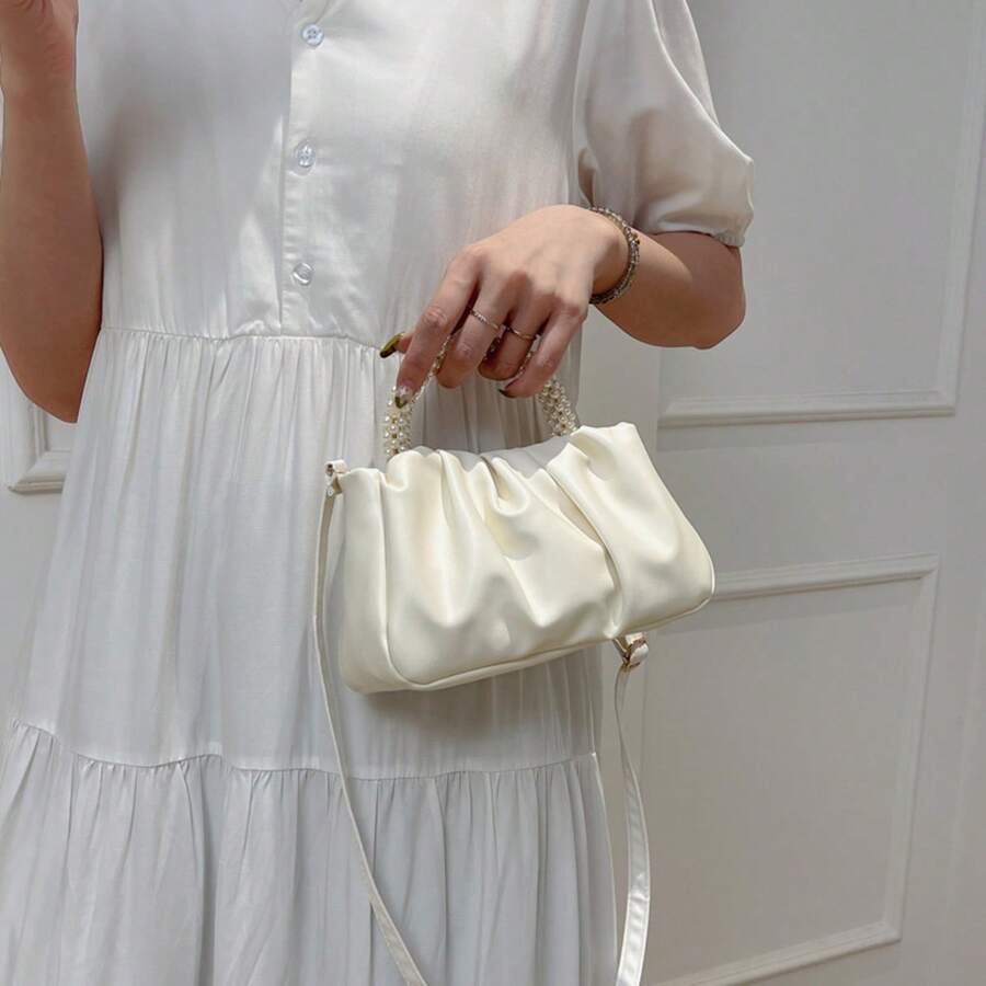 Spring And Summer New Pearl Handbag For Women, Pleated Cloud Phone Bag That Can Be Carried On Shoulder And Diagonally Across, Mini Handbag, Dinner Bag, Wedding Gift Bag - White - View 1
