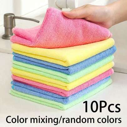 10pcs Thick Kitchen Cleaning Towels/ Dish Cloths, Assorted Colors, Bamboo Fiber, Highly Absorbent, Non-Linting, Non-Stick Oil, 9.8"*9.8", Not Support Machine Washing,Kitchen,Bathroom,Home,Household Supplies